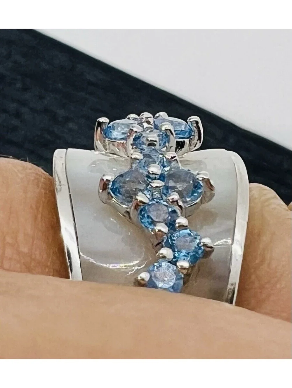 Stauer Pearl Topaz Ring swiss blue silver 925 Sz 7 luxury statement irridescent